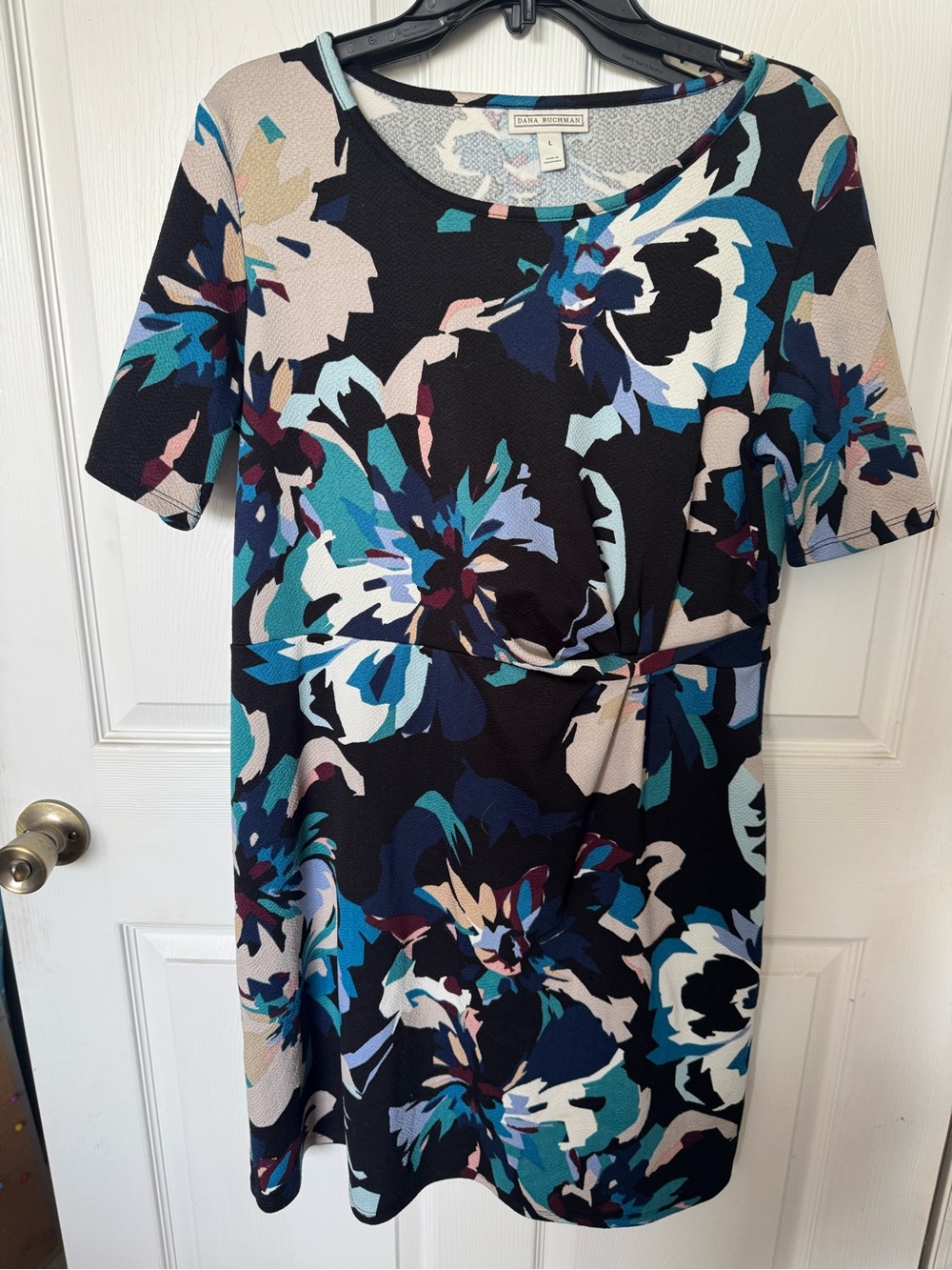Dana Buchman Navy Teal Floral Short Sleeve Dress